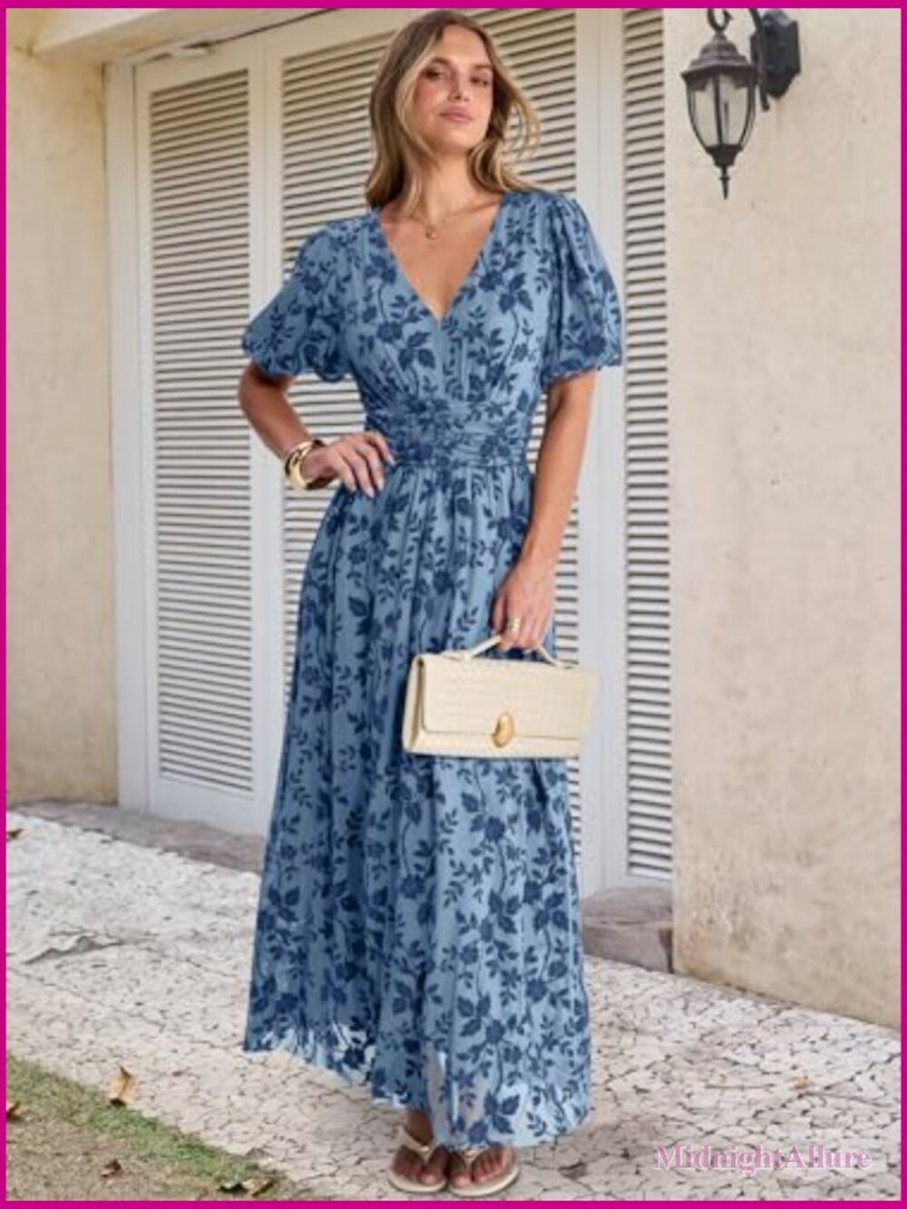 Women Floral Maxi Formal Dress Mesh Short Sleeve V Neck Empire Waist - Picture 4 of 7